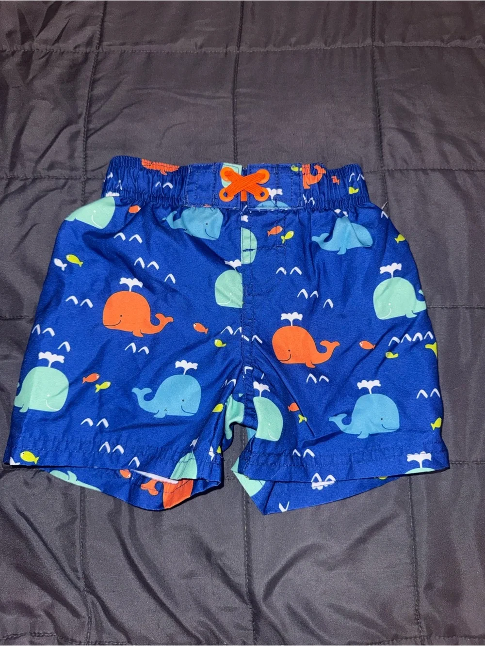 Swiggles Bright Blue Whale Swim Trunks with Colorful Whales